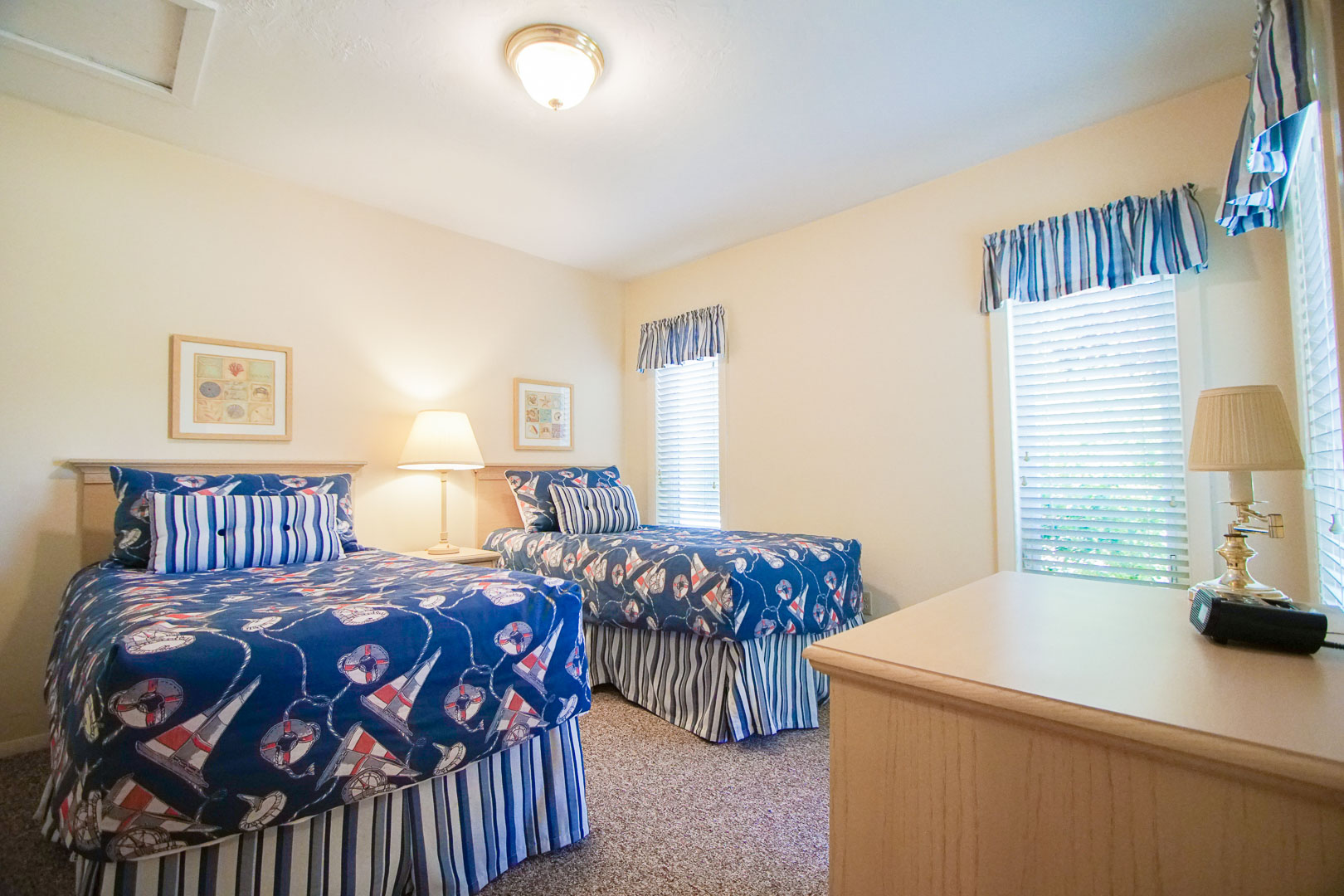 A two bedroom with twin beds available at VRI's Brewster Green Resort in Massachusetts.